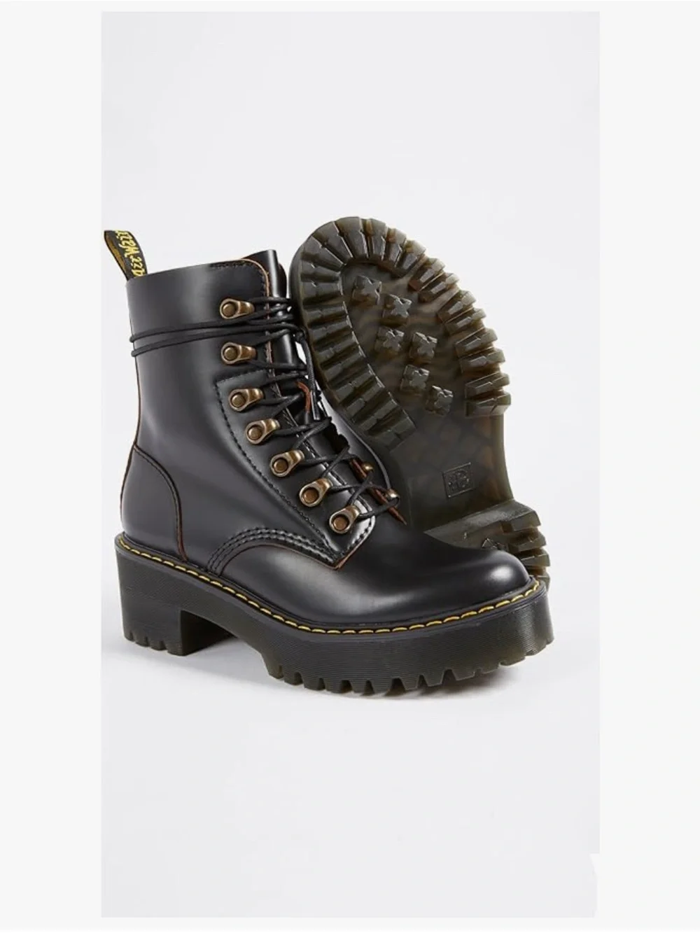 Dr. Martens Leona Vintage Smooth Black Lace-Up Platform with Yellow Stitching - Picture 1 of 9